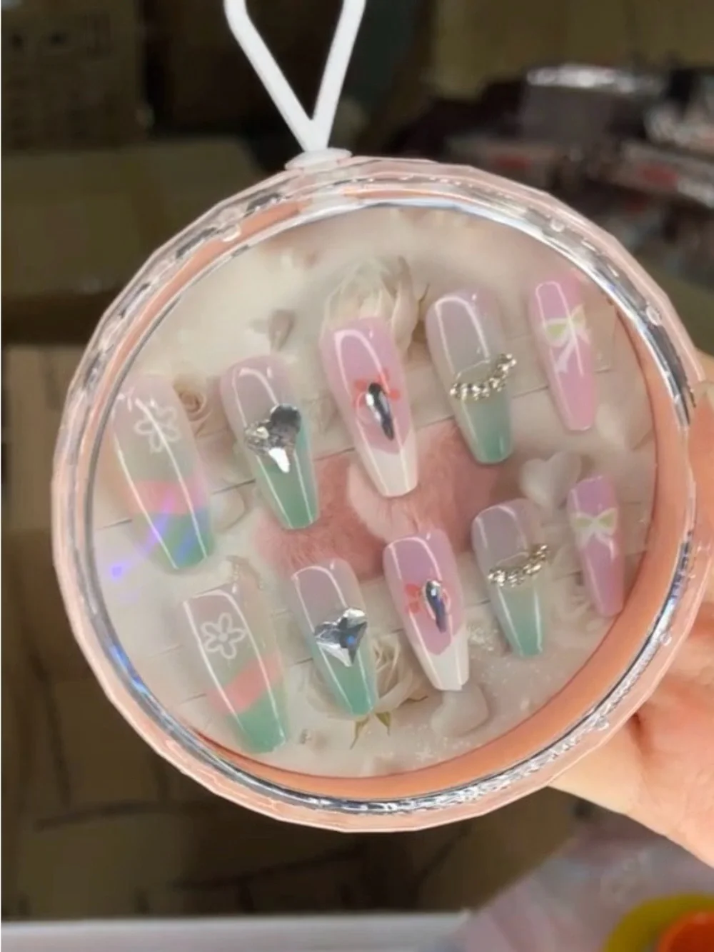 3 sets of Pastel Press-On Nail Set with Rhinestone Accents